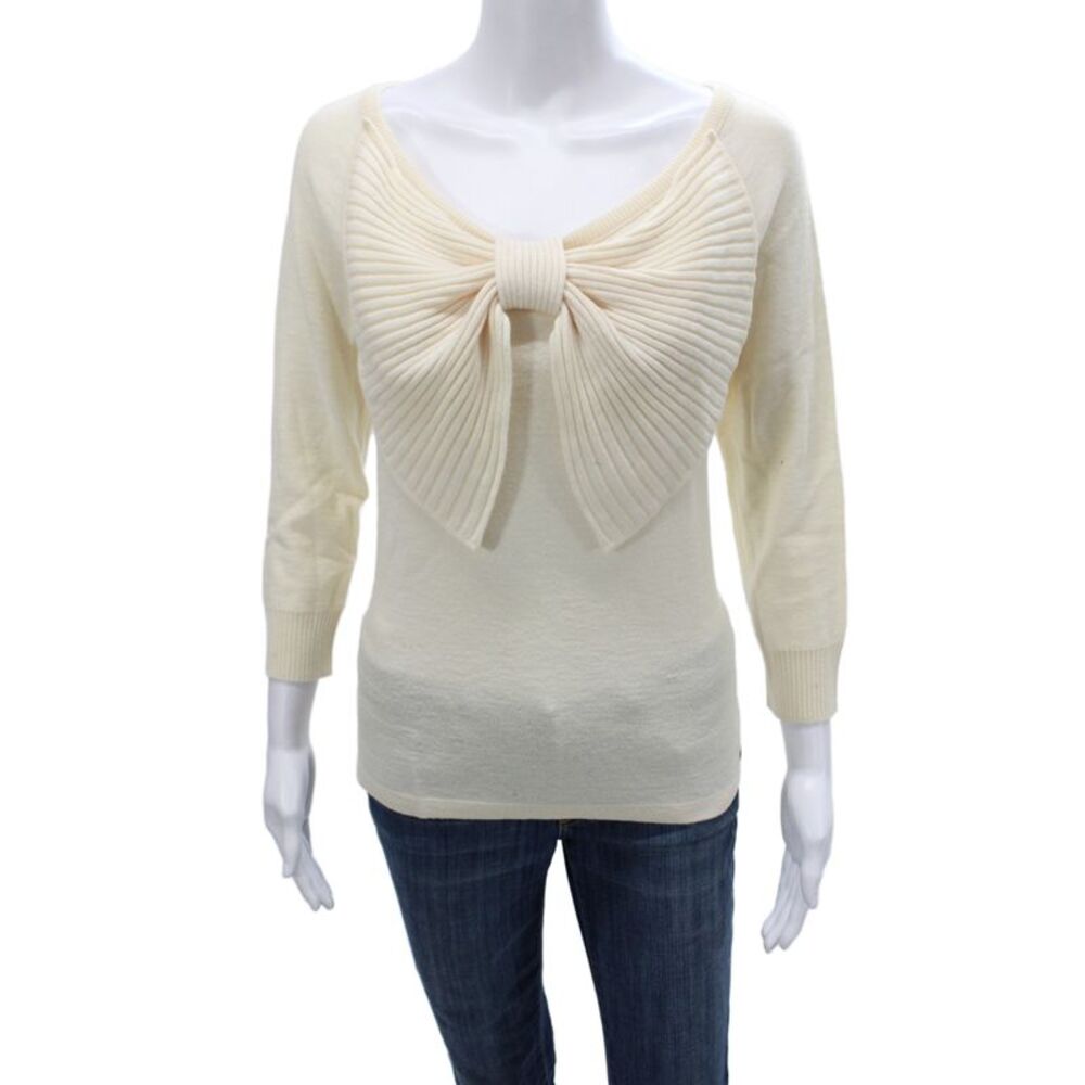 Sonia Rykiel Womens Ivory Scoop Neck Bow Pullover Sweater 3/4 Sleeve Size 42